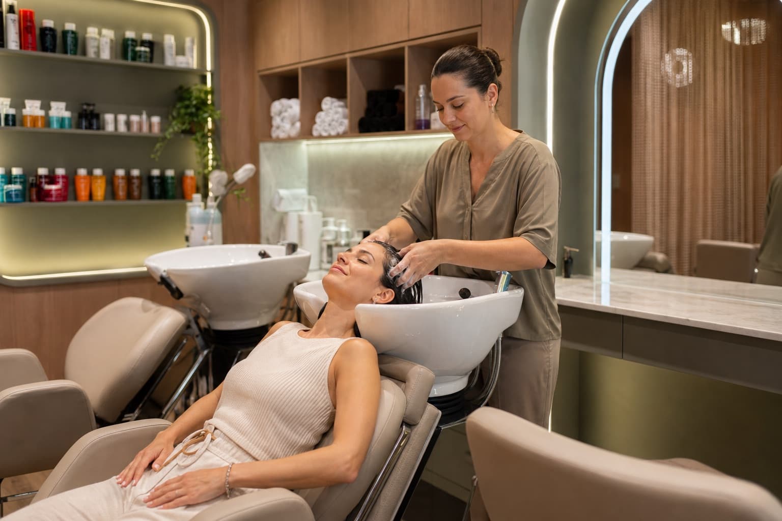 Viajante recebe lavagem de cabelo com massagem em um salão inspirado no ambiente do Harmonia em Foz do Iguaçu